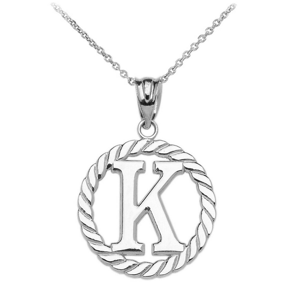 925 Sterling Silver Initial Letter K Circle Rope Pendant Necklace